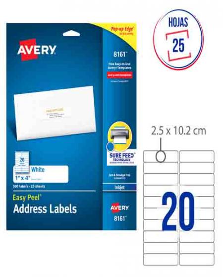 HOJA DE ETIQUETAS CARTA AUTOADHESIVAS AVERY DIRECCIONES 20 ETIQUETAS 1' x 4' REF. 8161