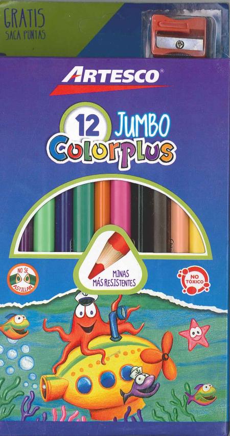 CAJA DE CREYONES DE MADERA TRIANGULARES ARTESCO JUMBO COLOR PLUS x 12 COLORES + SACAPUNTA REF. 16316605